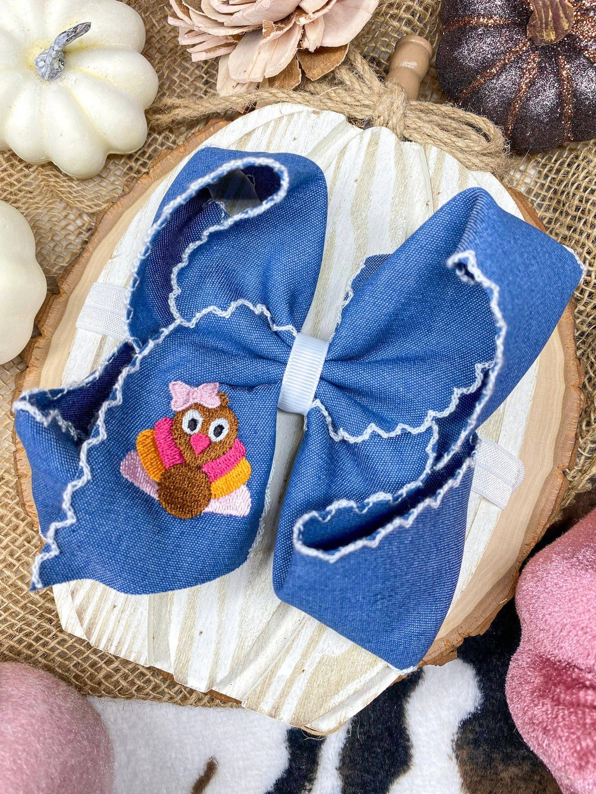 Pink Turkey Moonstitch on Denim Hair Bow | Clip or Headband