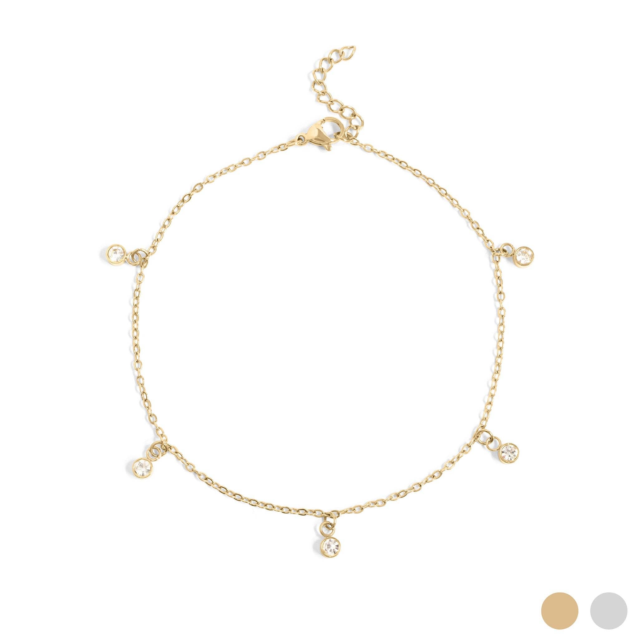 18K Gold PVD Stainless Steel Clear Stone Charm Anklet