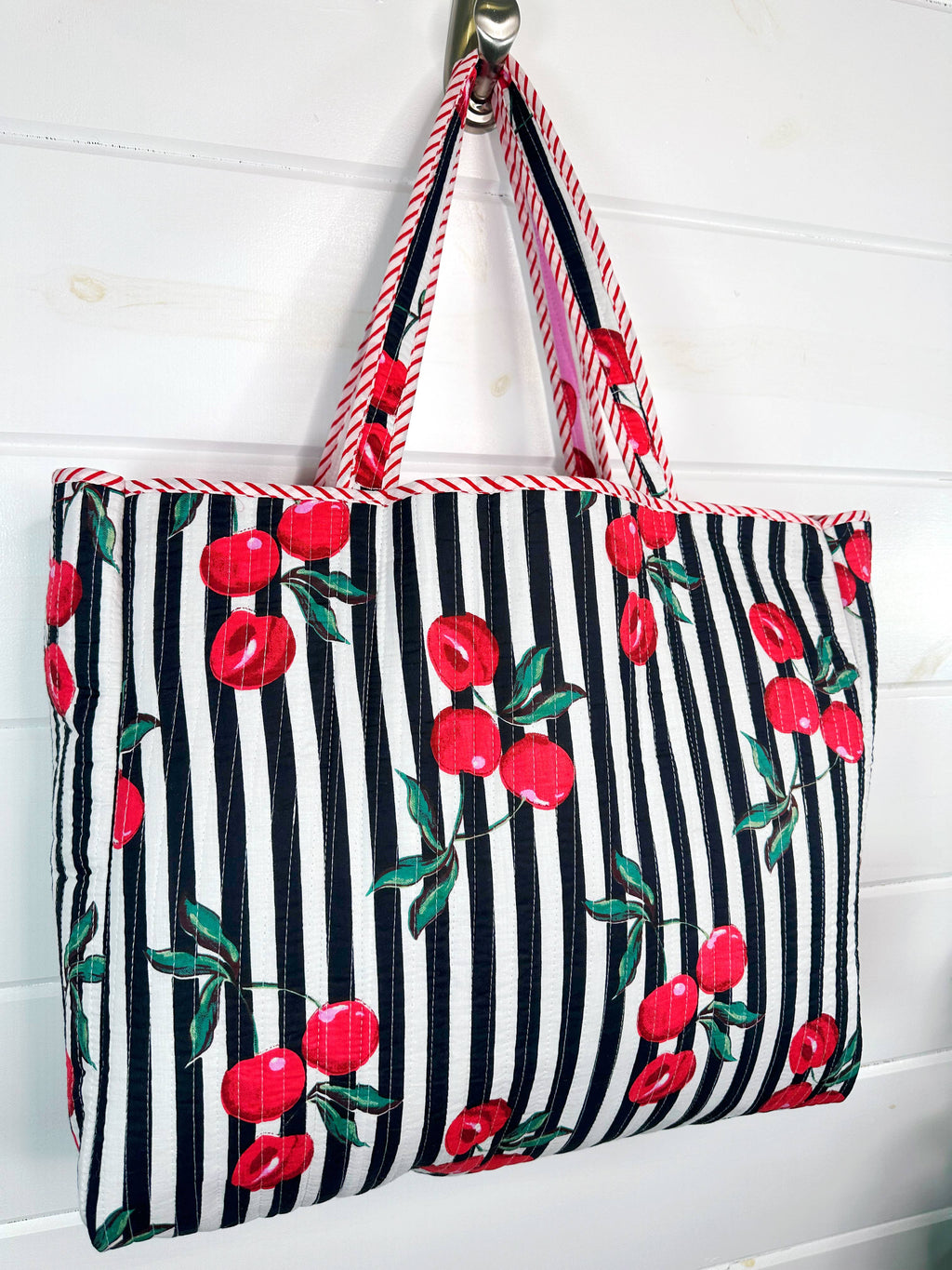 Quilted Tote Bag | Cherry Tote | Large Shopping Tote Bag