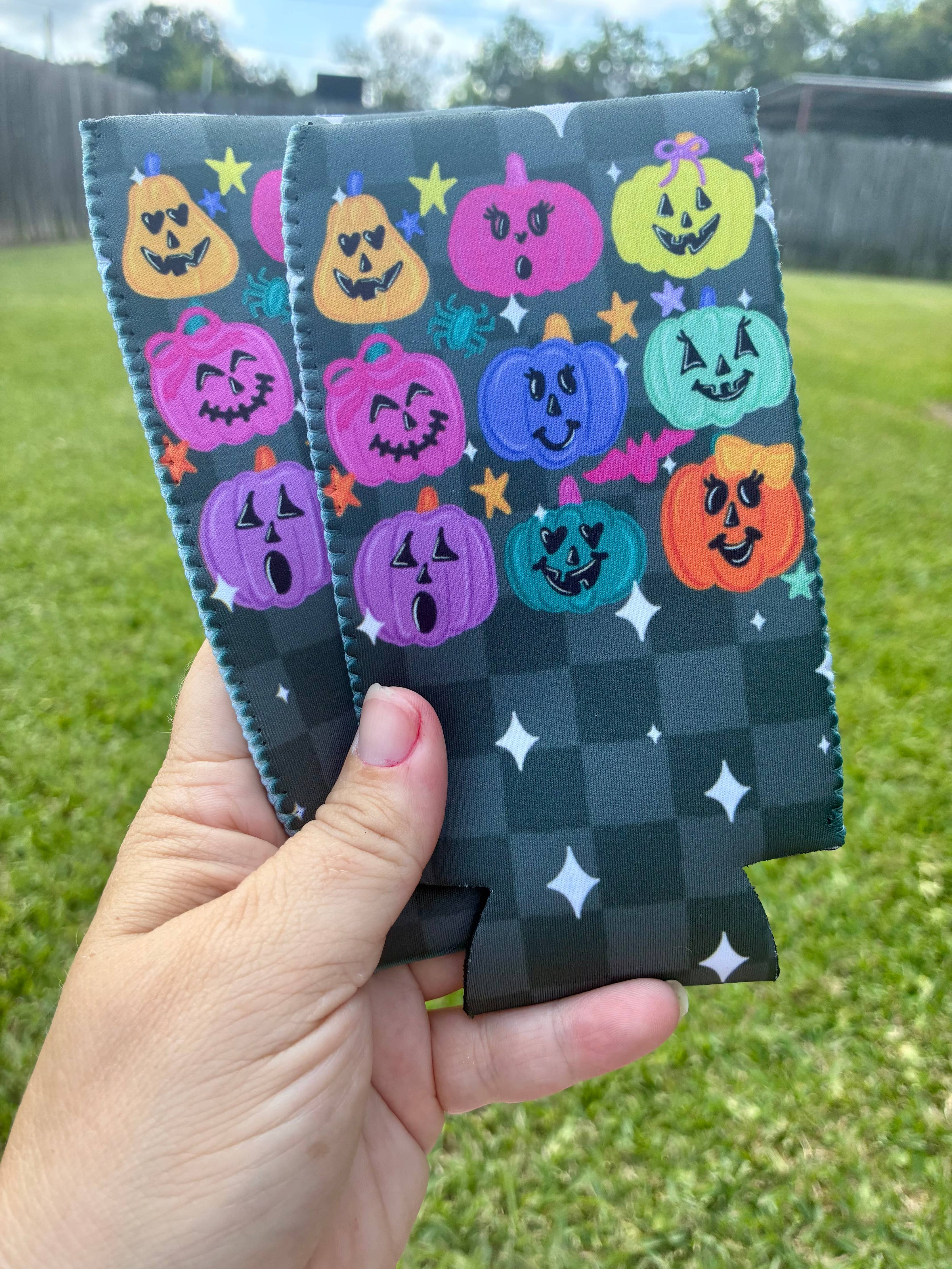 Colorful pumpkin Halloween koozies