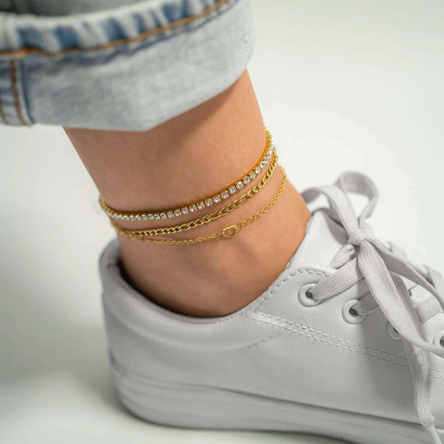 18K Gold PVD Stainless Station Hearts Chain Anklet