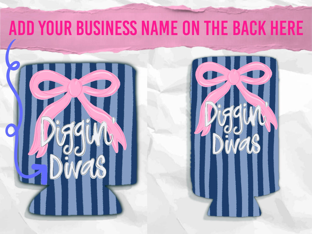 Baby pink and navy bow koozie with custom business name