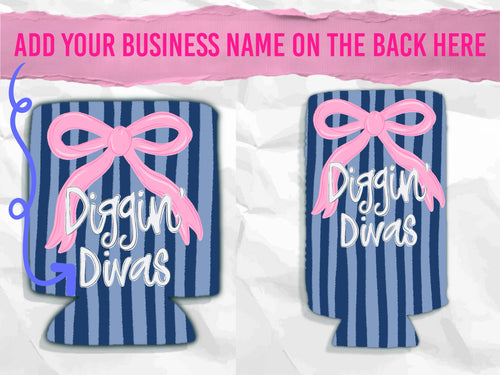 Baby pink and navy bow koozie with custom business name