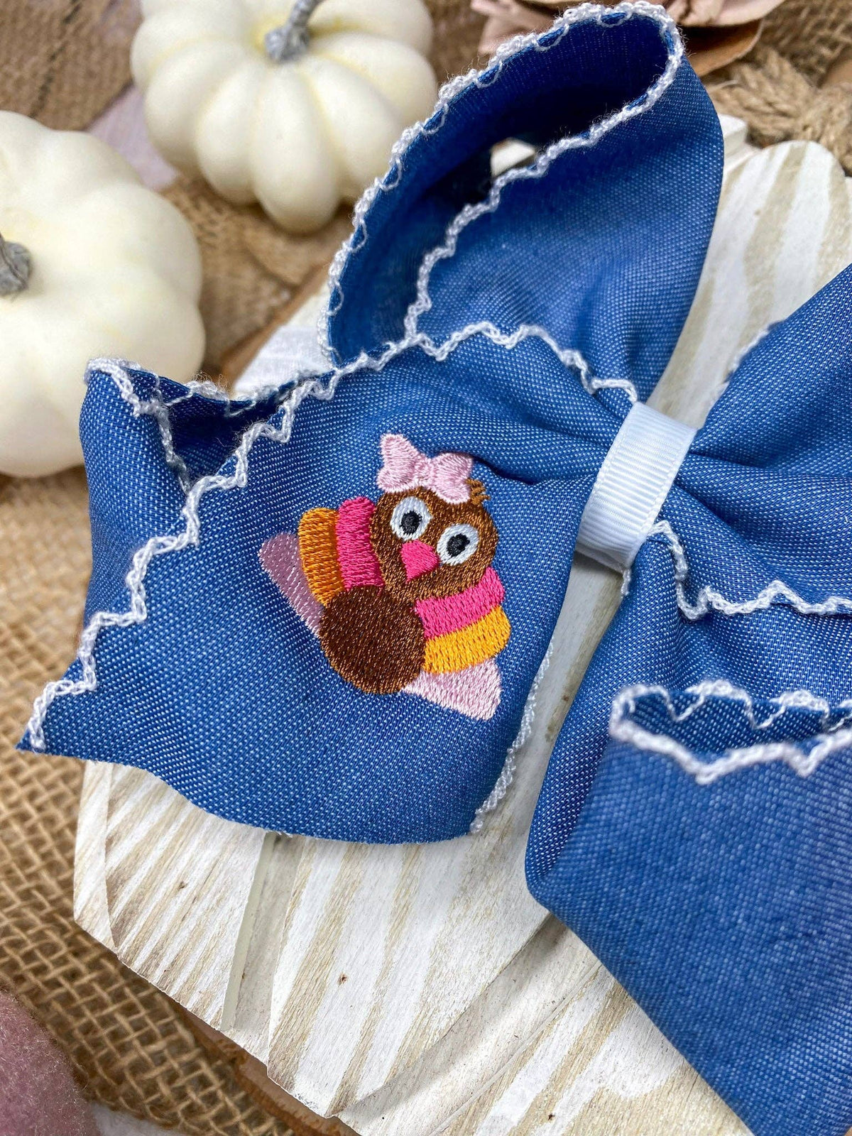 Pink Turkey Moonstitch on Denim Hair Bow | Clip or Headband