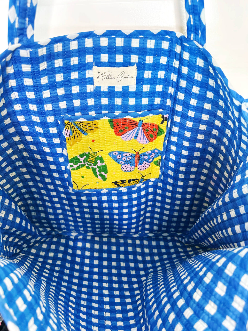 Quilted Tote Bag | Large Travel Bag | Yellow Butterfly Print