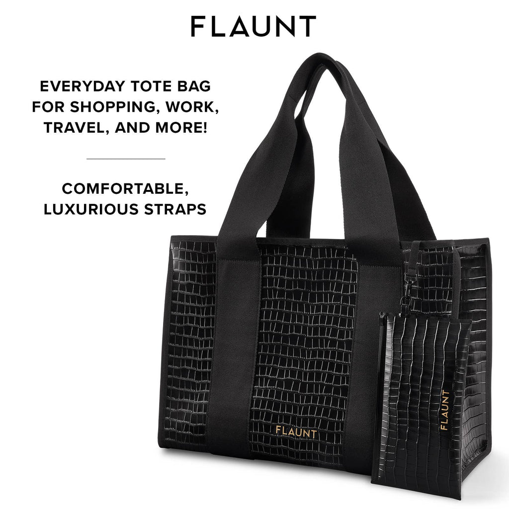 Black Crocodile Leather Everyday Tote Bag with Pouch