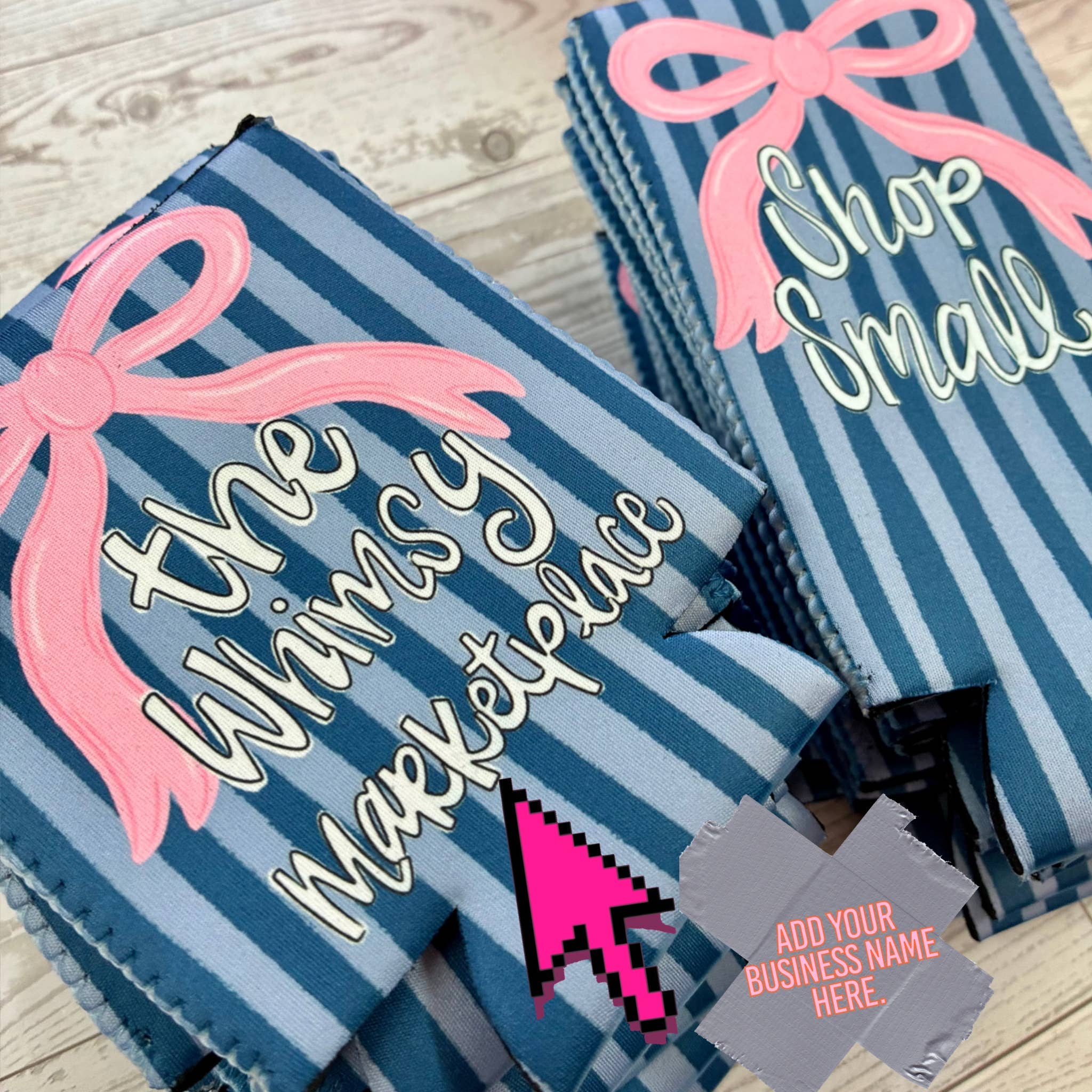 Baby pink and navy bow koozie with custom business name