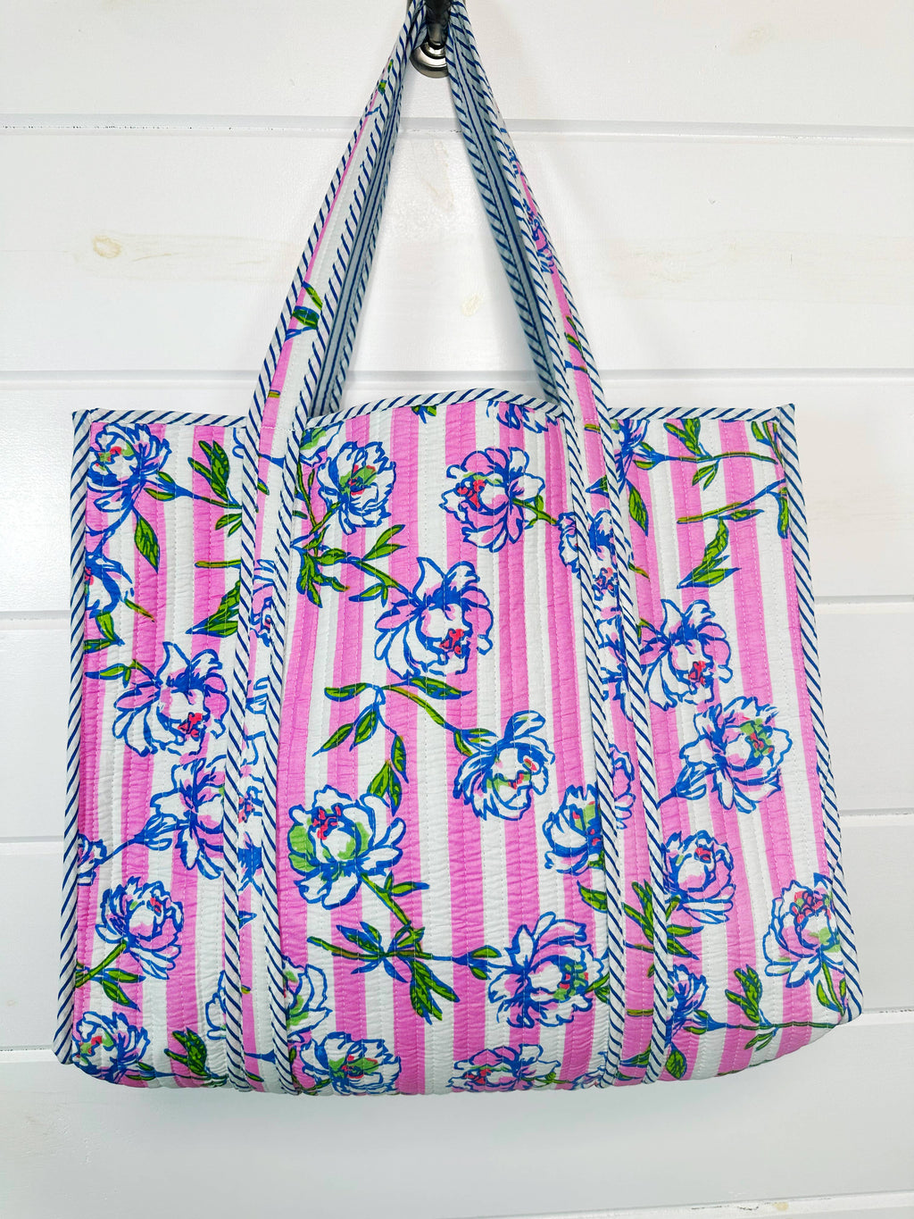 Large Tote Bags | Quilted Travel Tote | Peony Pink Stripe