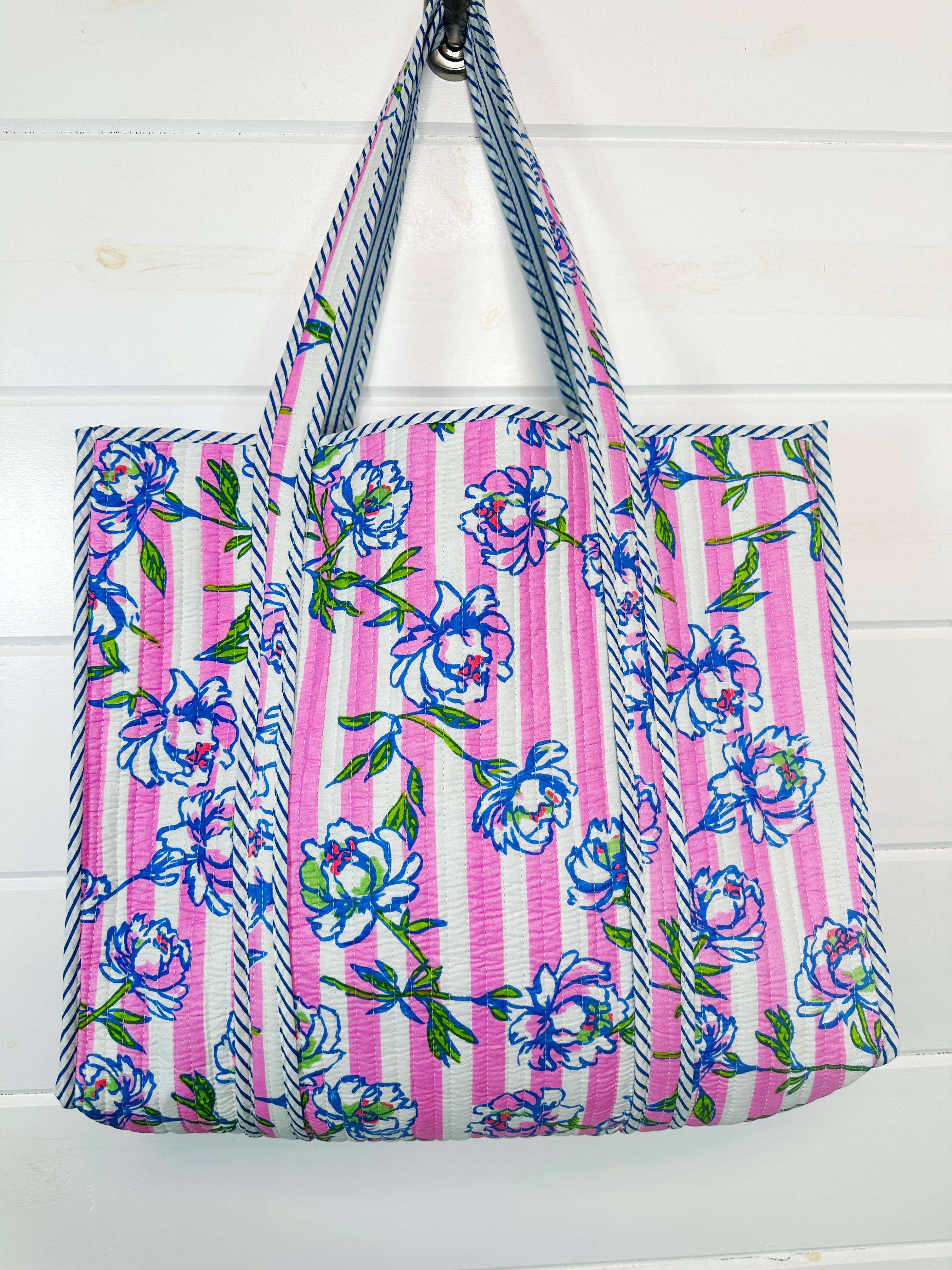 Large Tote Bags | Quilted Travel Tote | Peony Pink Stripe