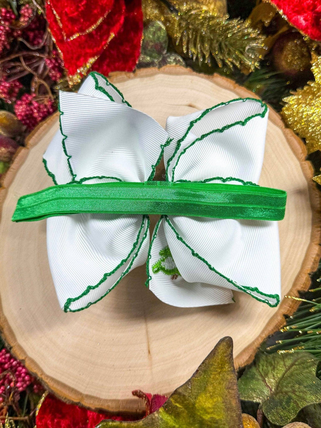 Christmas Tree Embroidered Hair Bow | Headband