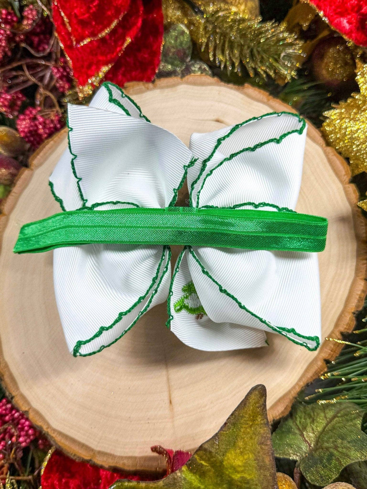 Christmas Tree Embroidered Hair Bow | Headband