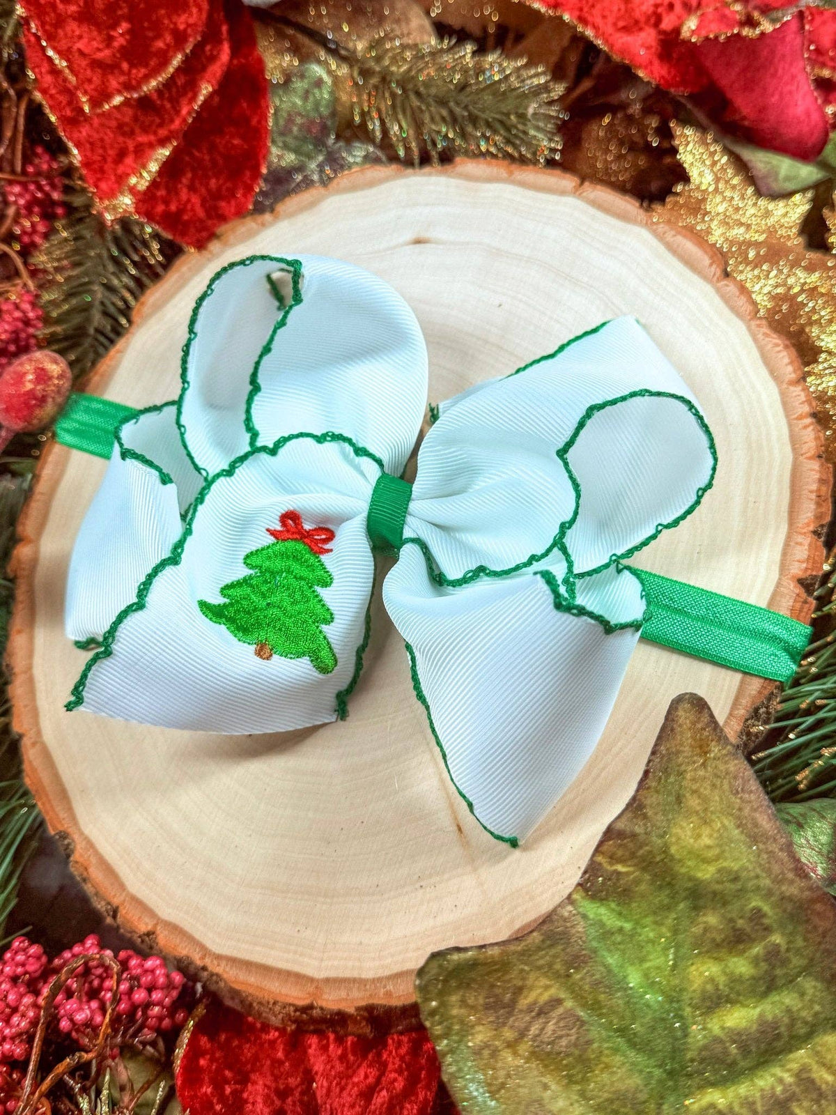 Christmas Tree Embroidered Hair Bow | Headband