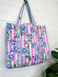Large Tote Bags | Quilted Travel Tote | Peony Pink Stripe