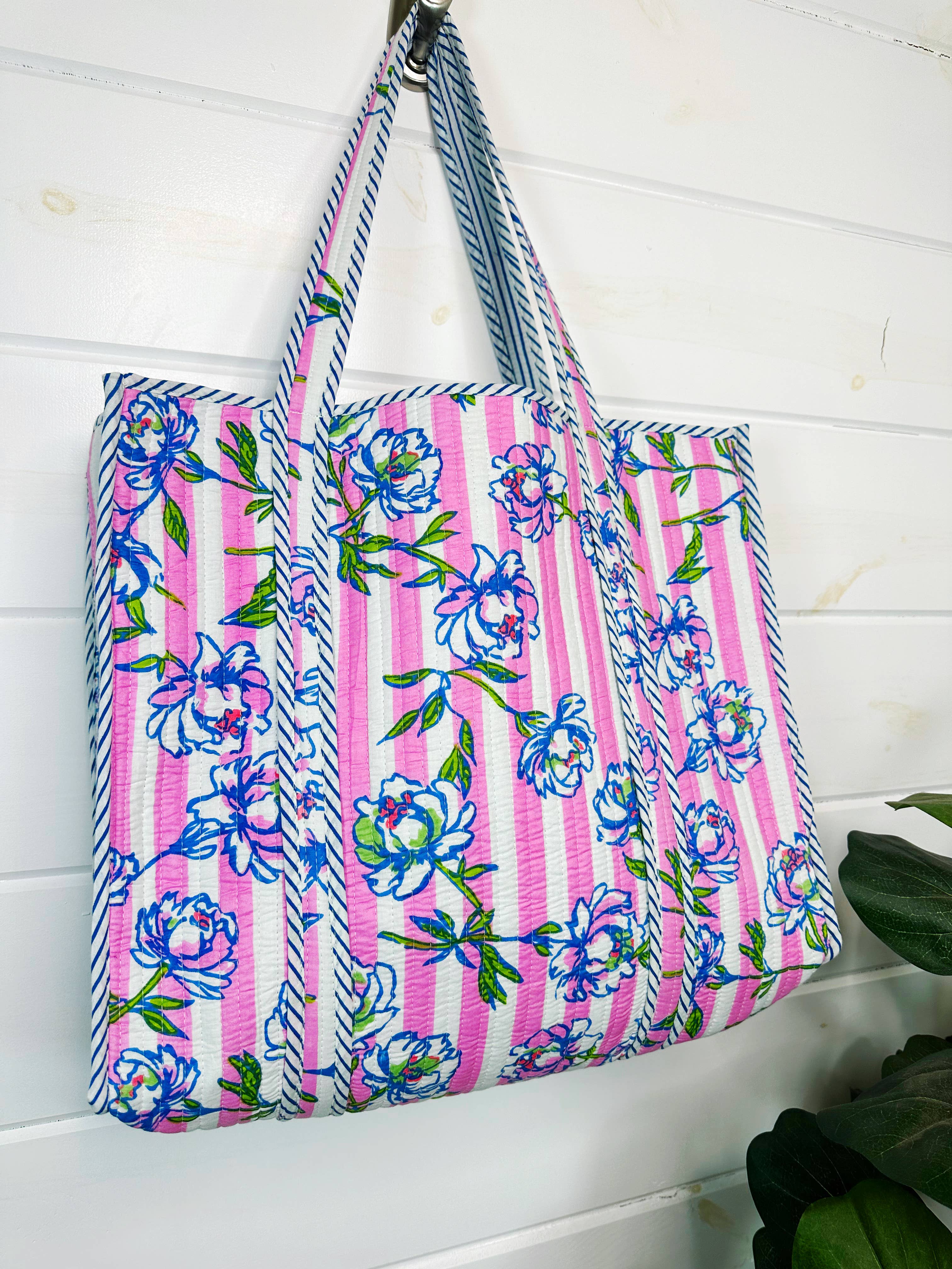 Large Tote Bags | Quilted Travel Tote | Peony Pink Stripe