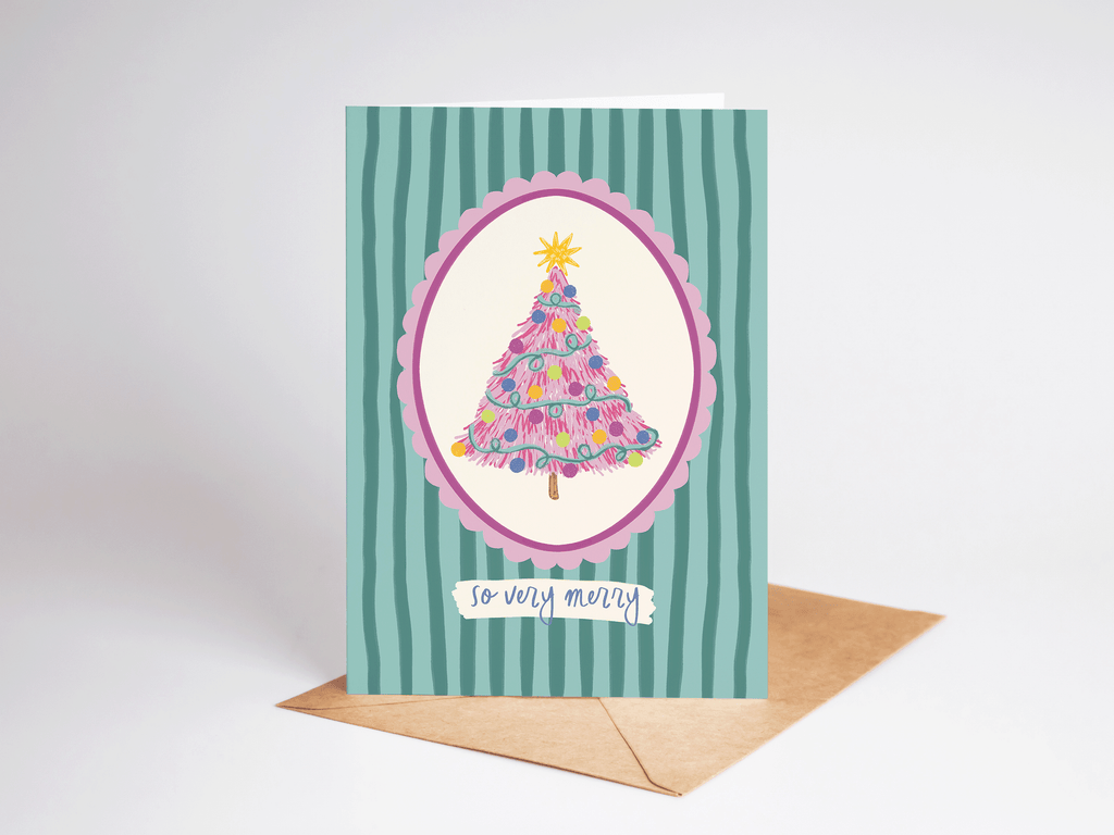 So Very Merry Pink Christmas Tree Holiday Greeting Card