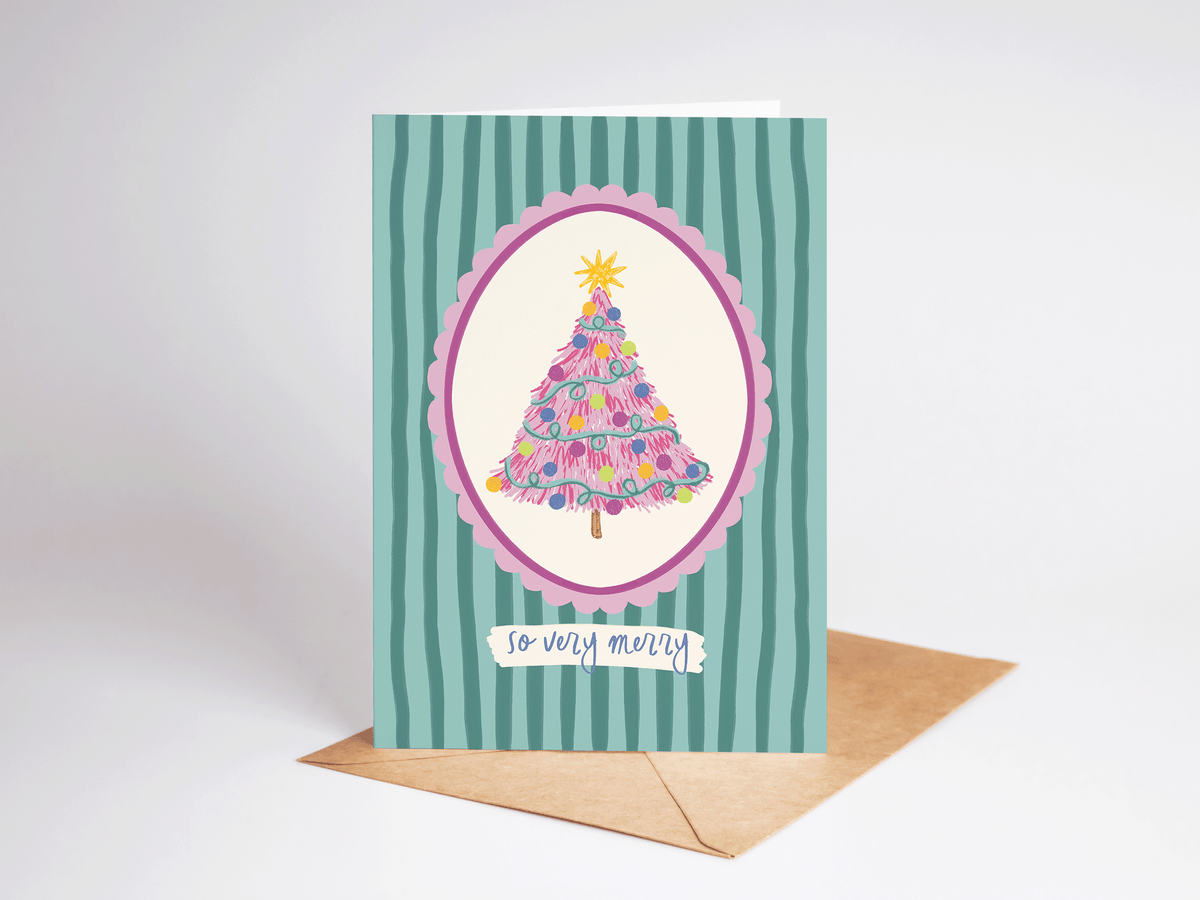 So Very Merry Pink Christmas Tree Holiday Greeting Card