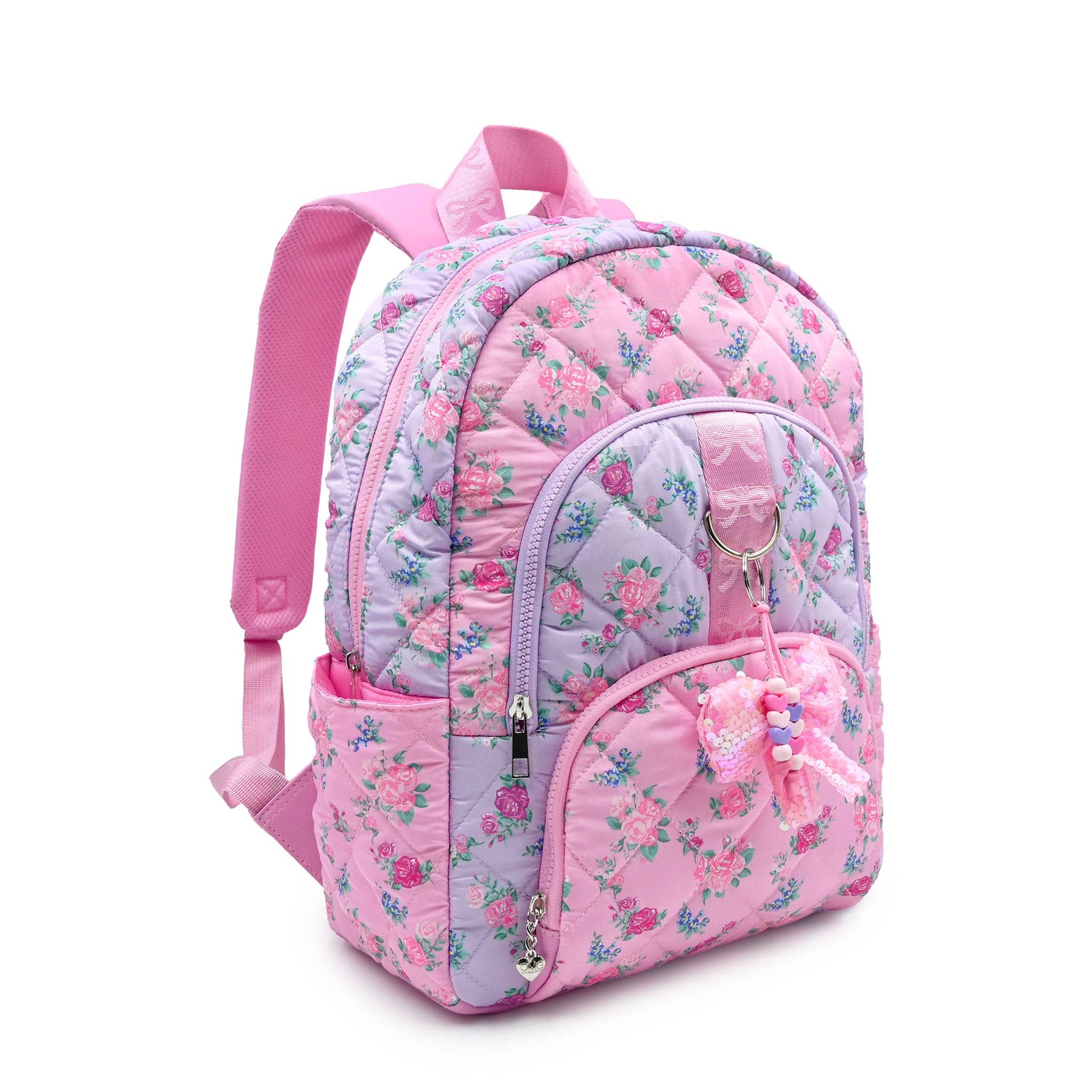 Floral Printed Quilted Large Backpack With Bow Charm