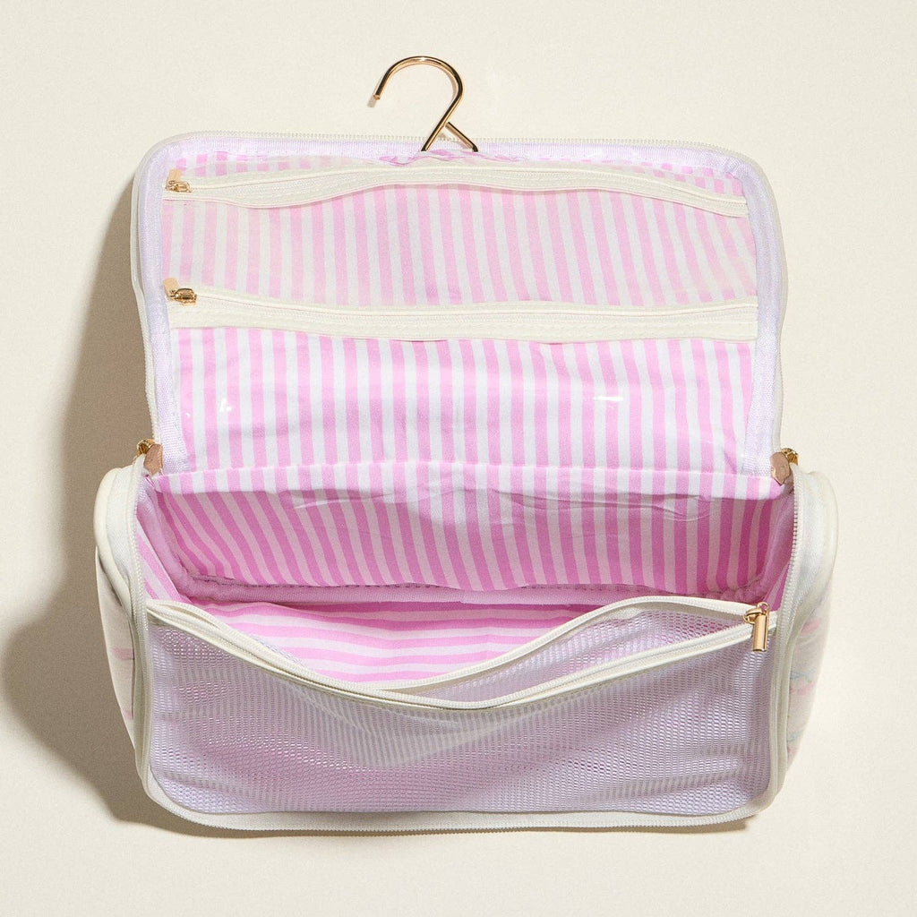 Pink Seashell Print Hanging Toiletry Bag – Travel Makeup Organizer with Handle