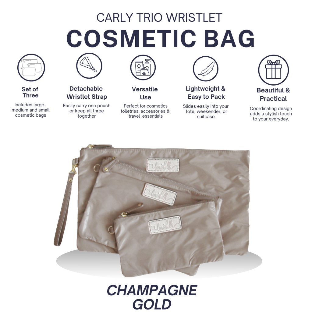 Carly Trio Wristlet & Cosmetic Bag Set | Champagne Gold 9/1