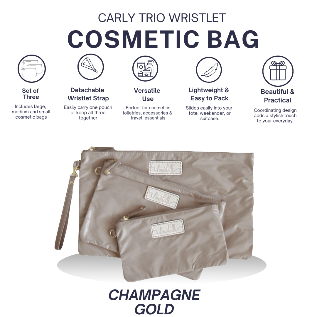 Carly Trio Wristlet & Cosmetic Bag Set | Champagne Gold 9/1