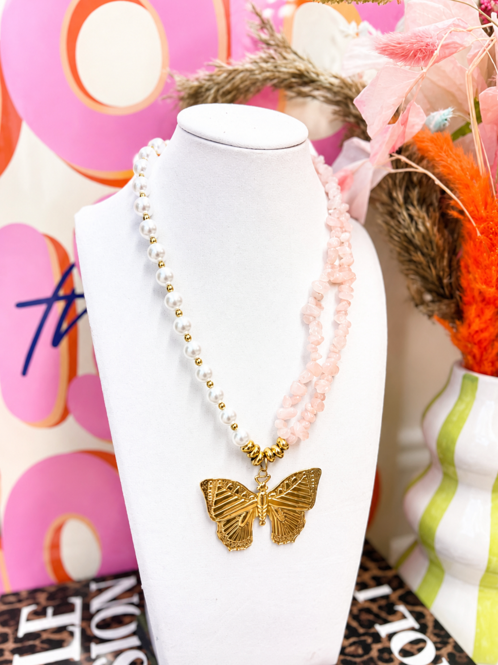 Blush Butterfly Charm Statement Necklace
