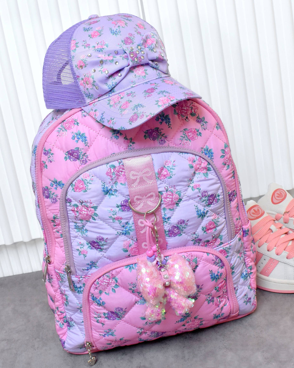 Floral Printed Quilted Large Backpack With Bow Charm