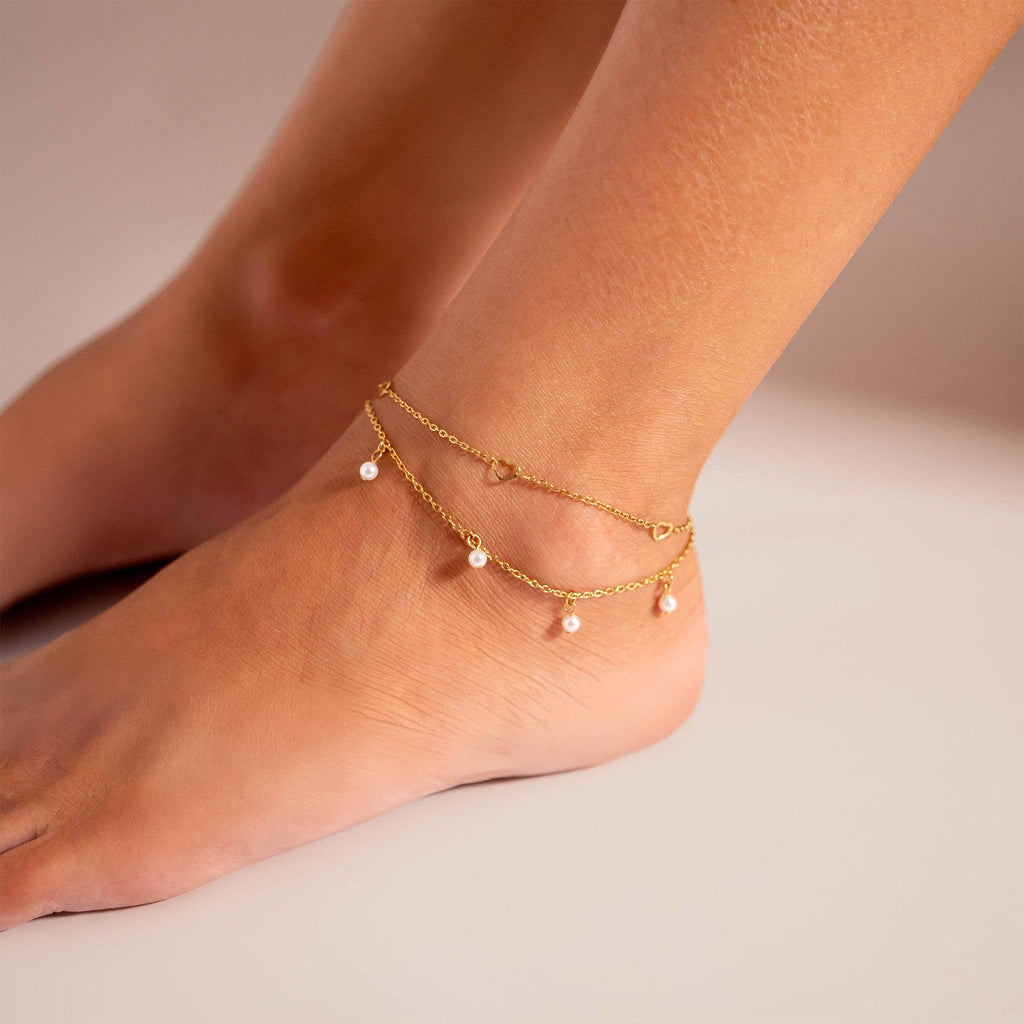 18K Gold PVD Stainless Steel Pearl Charm Anklet
