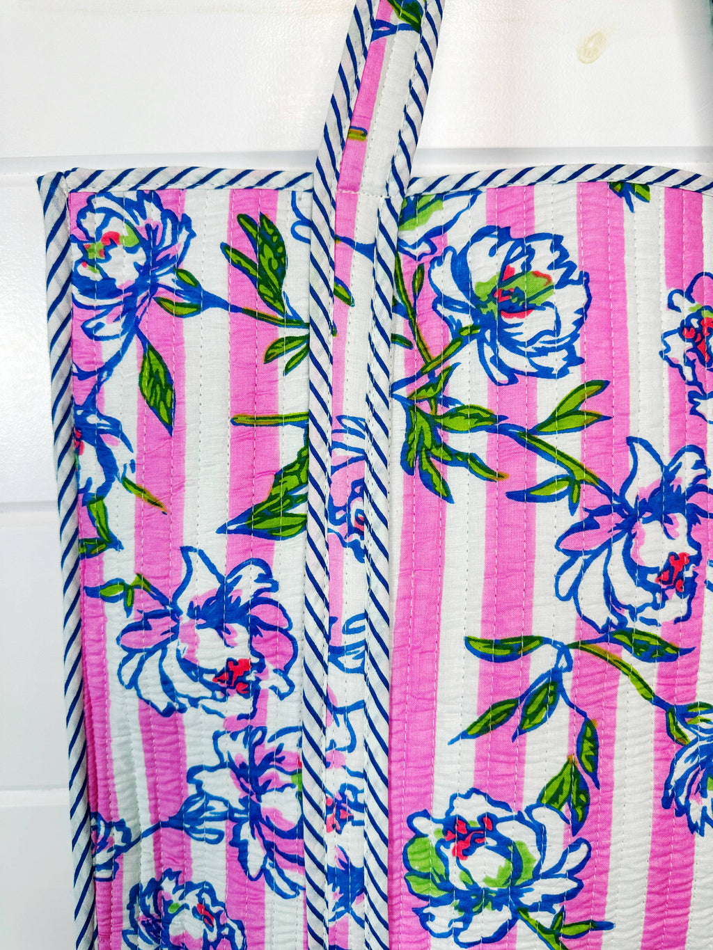 Large Tote Bags | Quilted Travel Tote | Peony Pink Stripe