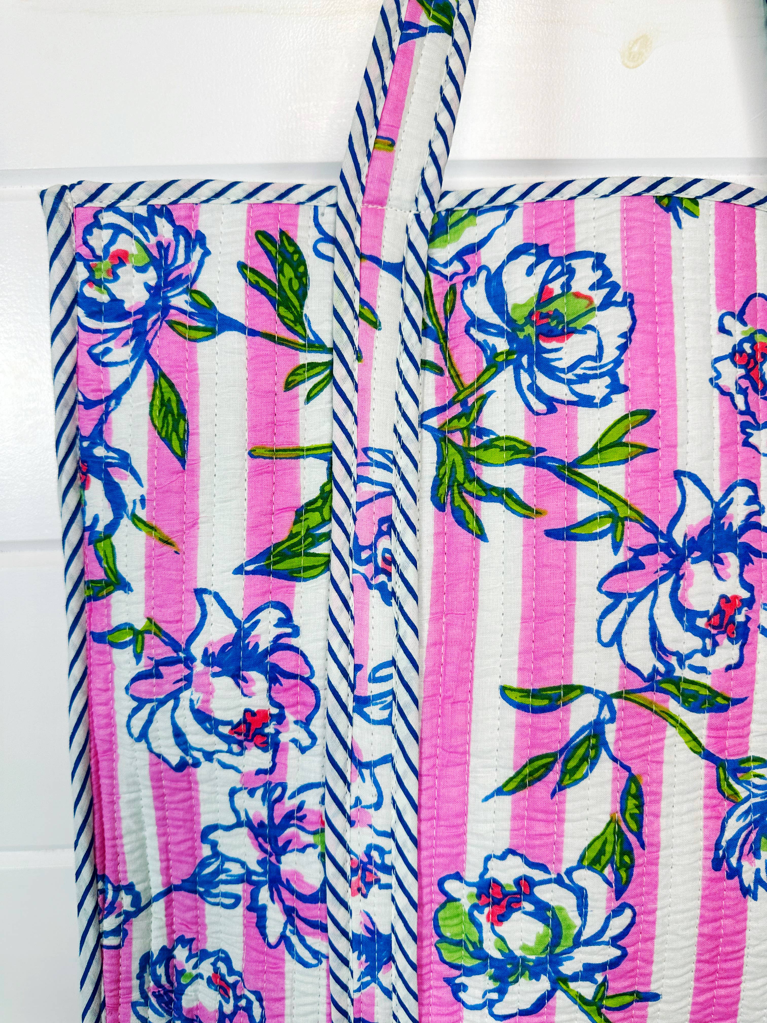 Large Tote Bags | Quilted Travel Tote | Peony Pink Stripe