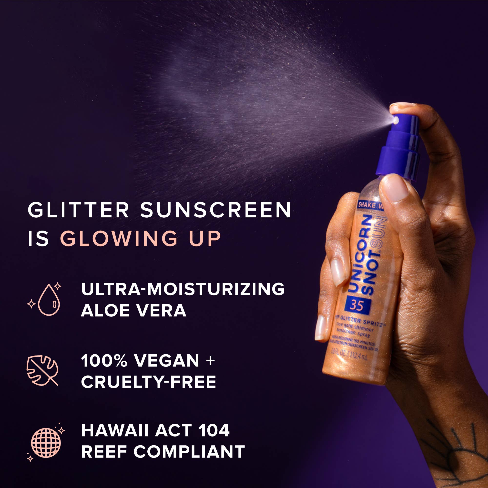 SPF 35 Glitter Spritz | Sunscreen Spray | Rose Gold Shimmer