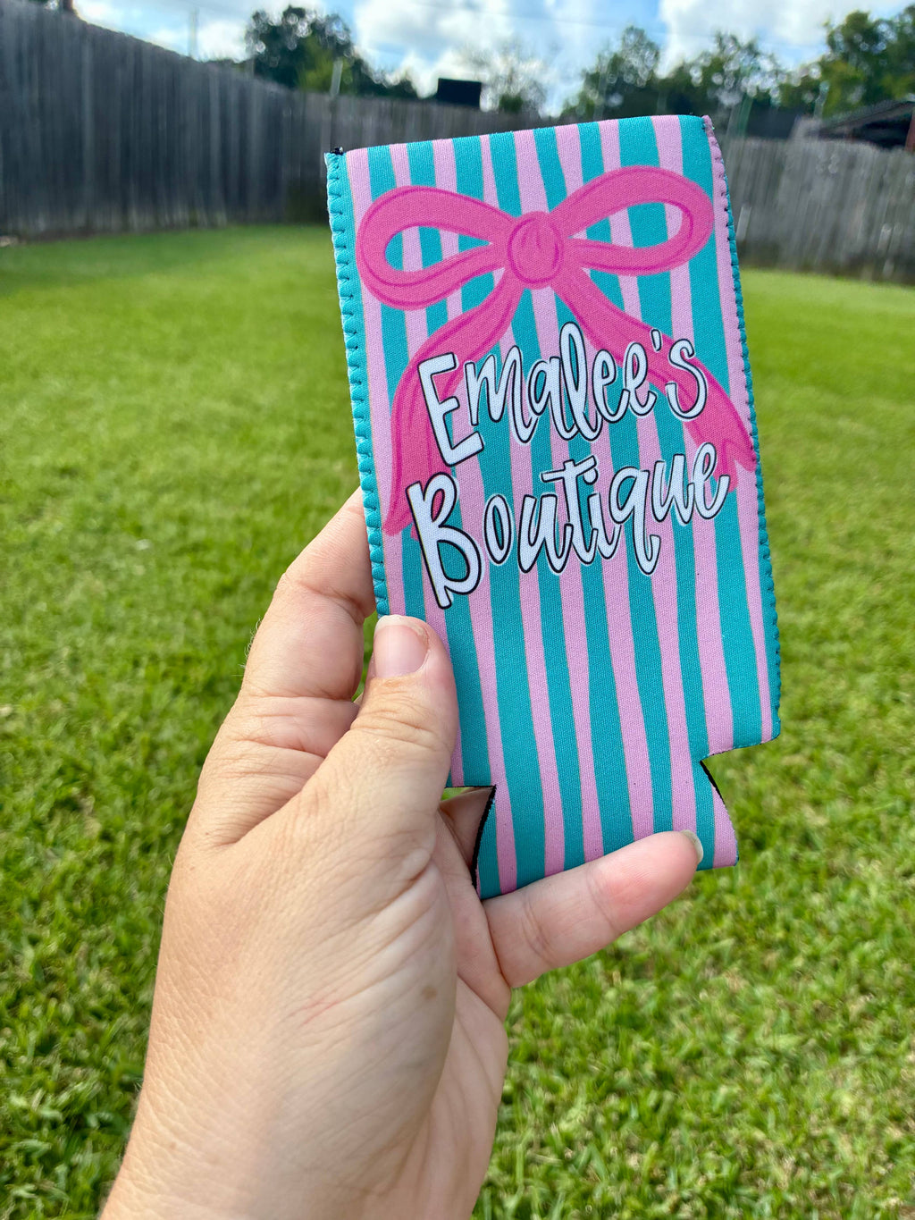 Pink and turquoise bow koozie with custom name for promotion
