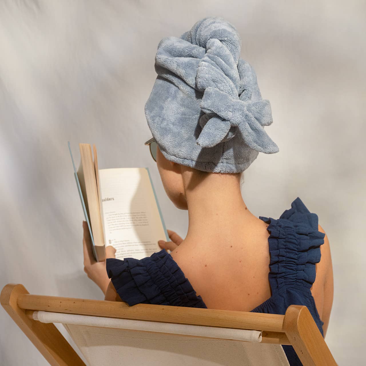 Plush Microfiber Hair Towel Turban with Bow - Coastal Blue
