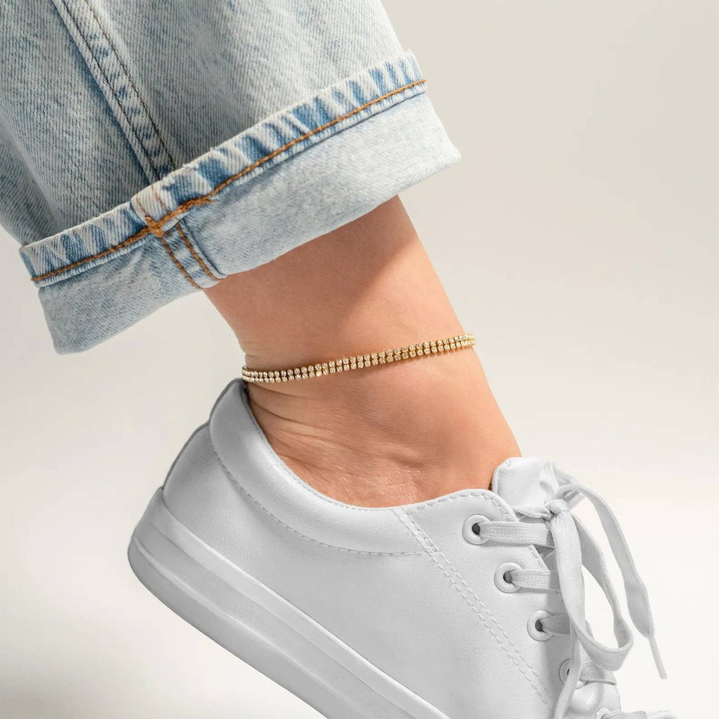 18K Gold PVD Stainless Steel Double Row Rhinestone Anklet
