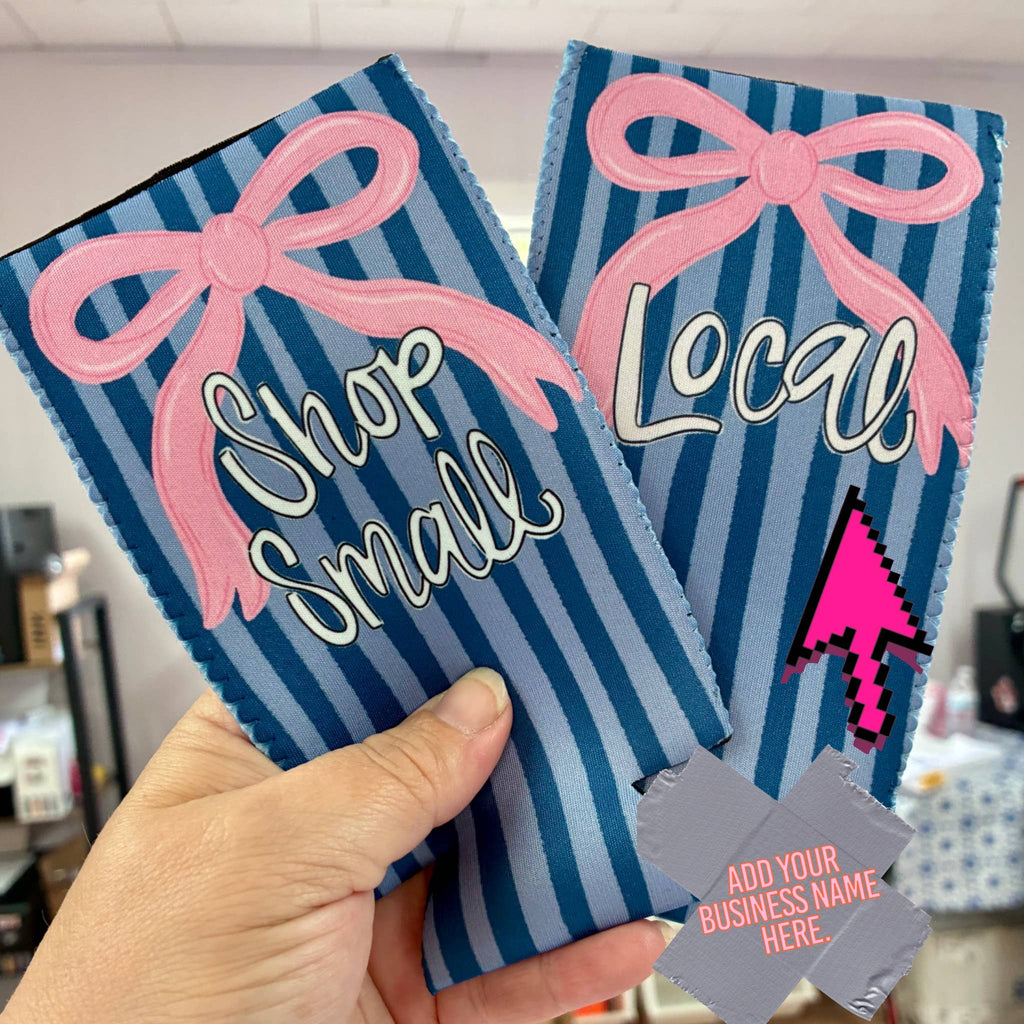 Baby pink and navy bow koozie with custom business name