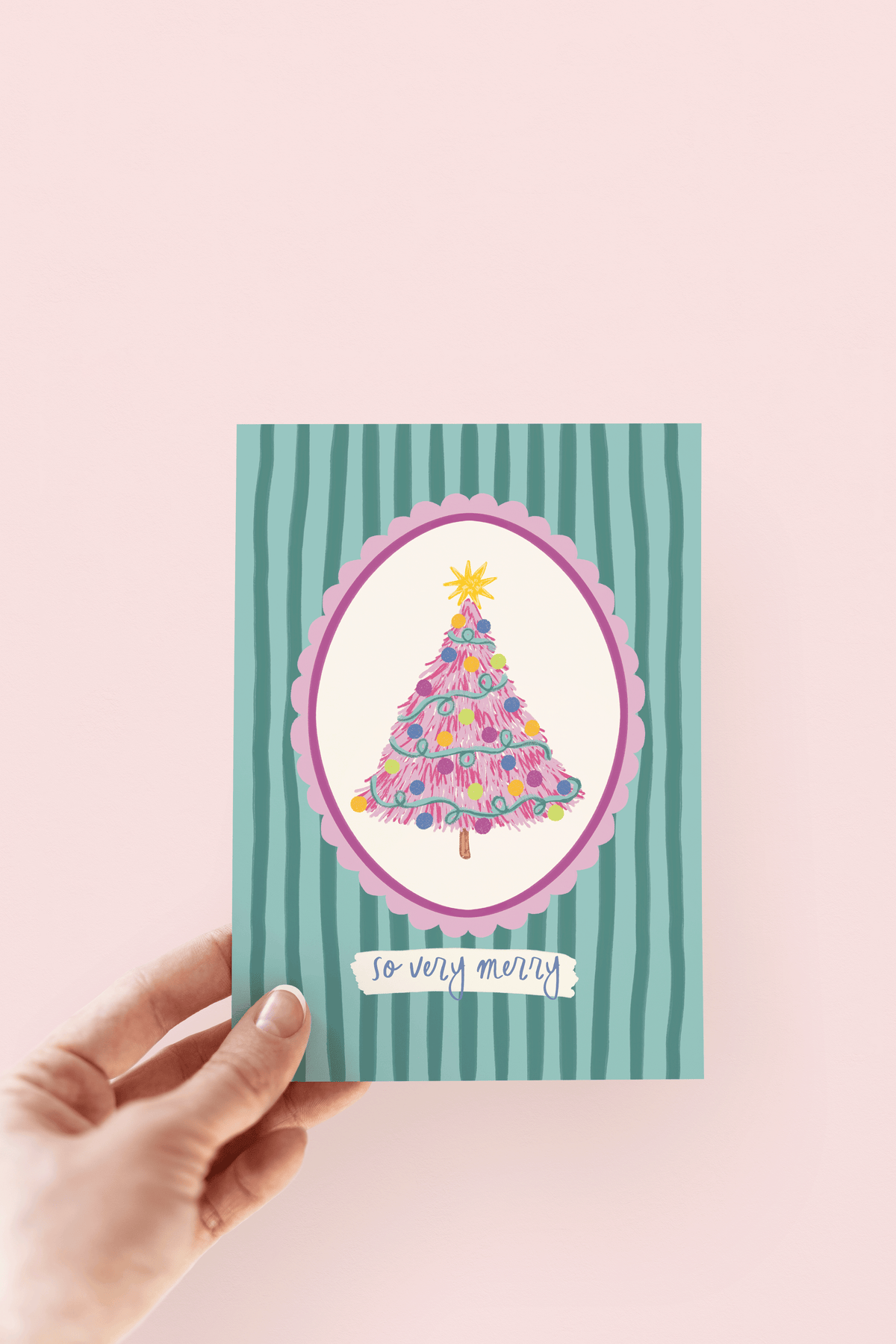 So Very Merry Pink Christmas Tree Holiday Greeting Card