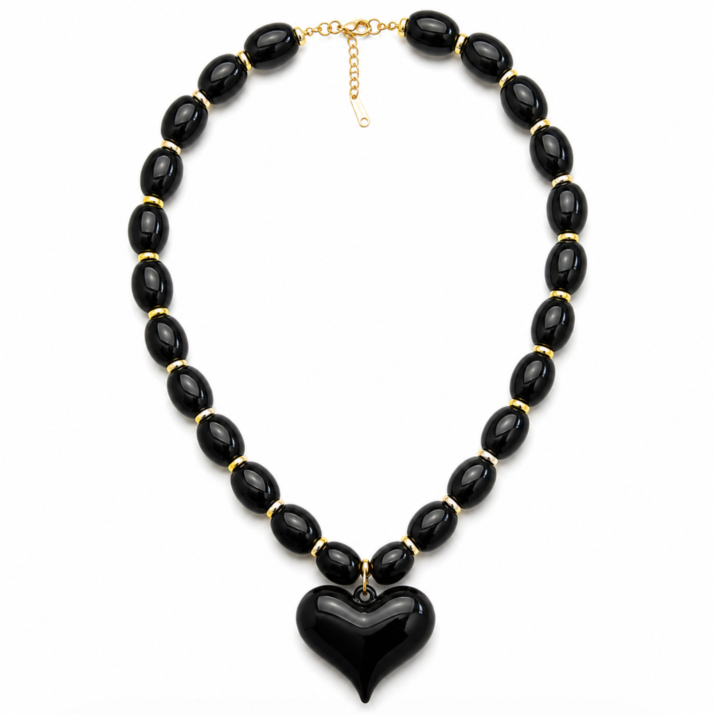 Almafi Black Resin Heart Chunky Statement Necklace | Stainless Steel