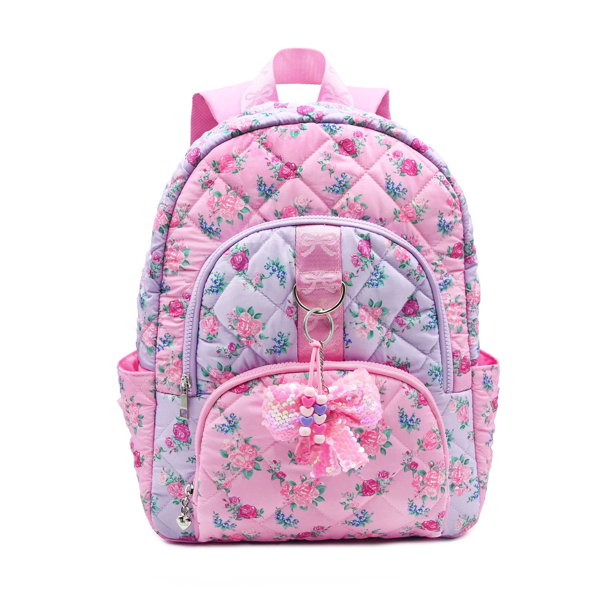 Floral Printed Quilted Large Backpack With Bow Charm