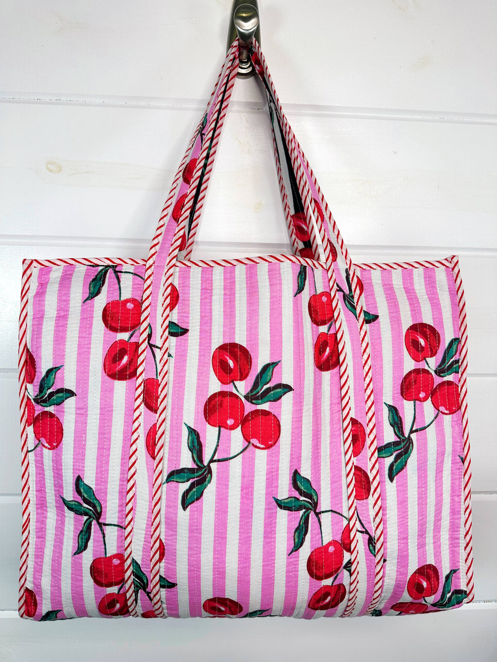 Quilted Tote Bag | Cherry Tote | Large Shopping Tote Bag