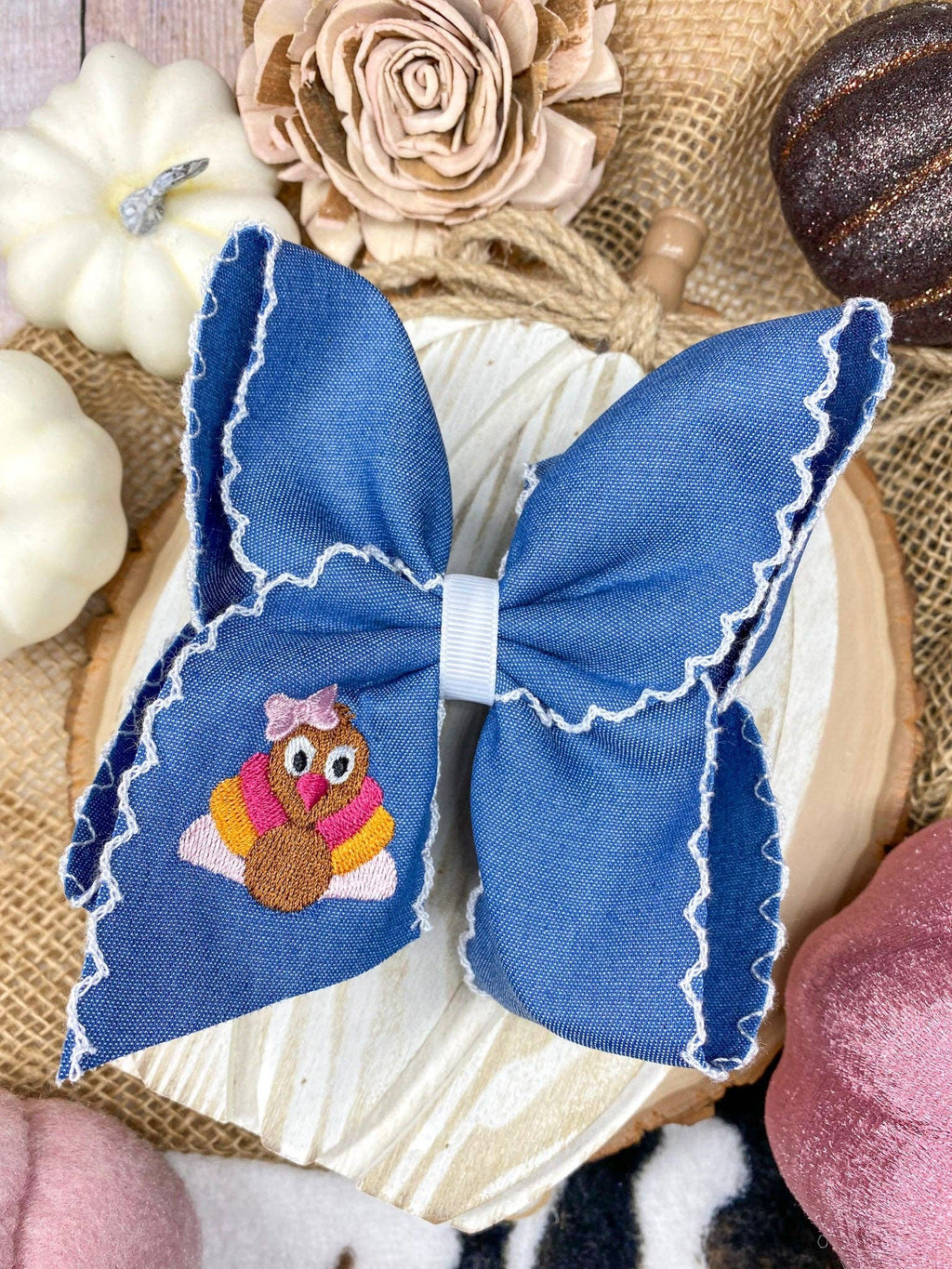 Pink Turkey Moonstitch on Denim Hair Bow | Clip or Headband