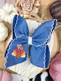 Pink Turkey Moonstitch on Denim Hair Bow | Clip or Headband