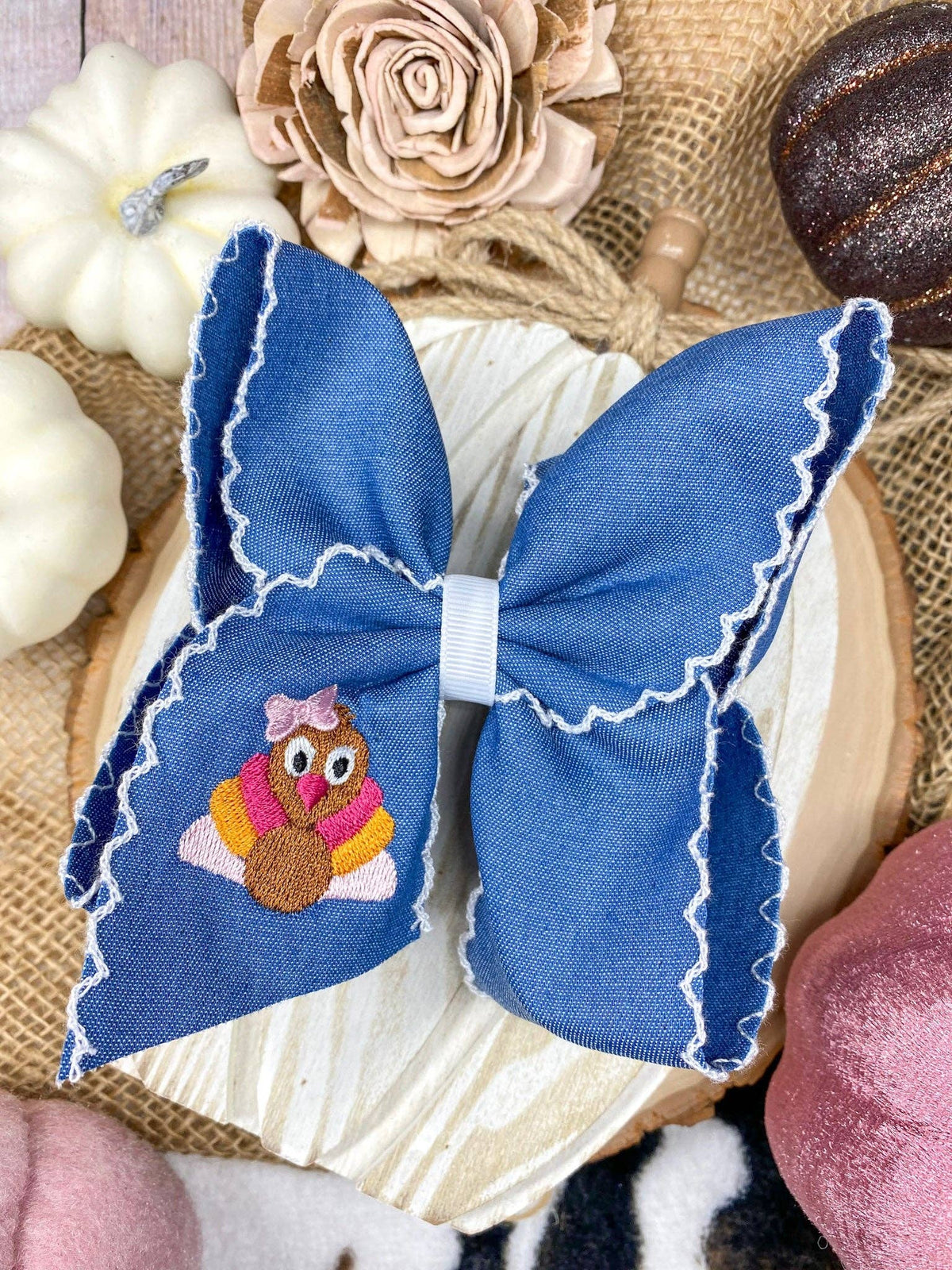 Pink Turkey Moonstitch on Denim Hair Bow | Clip or Headband