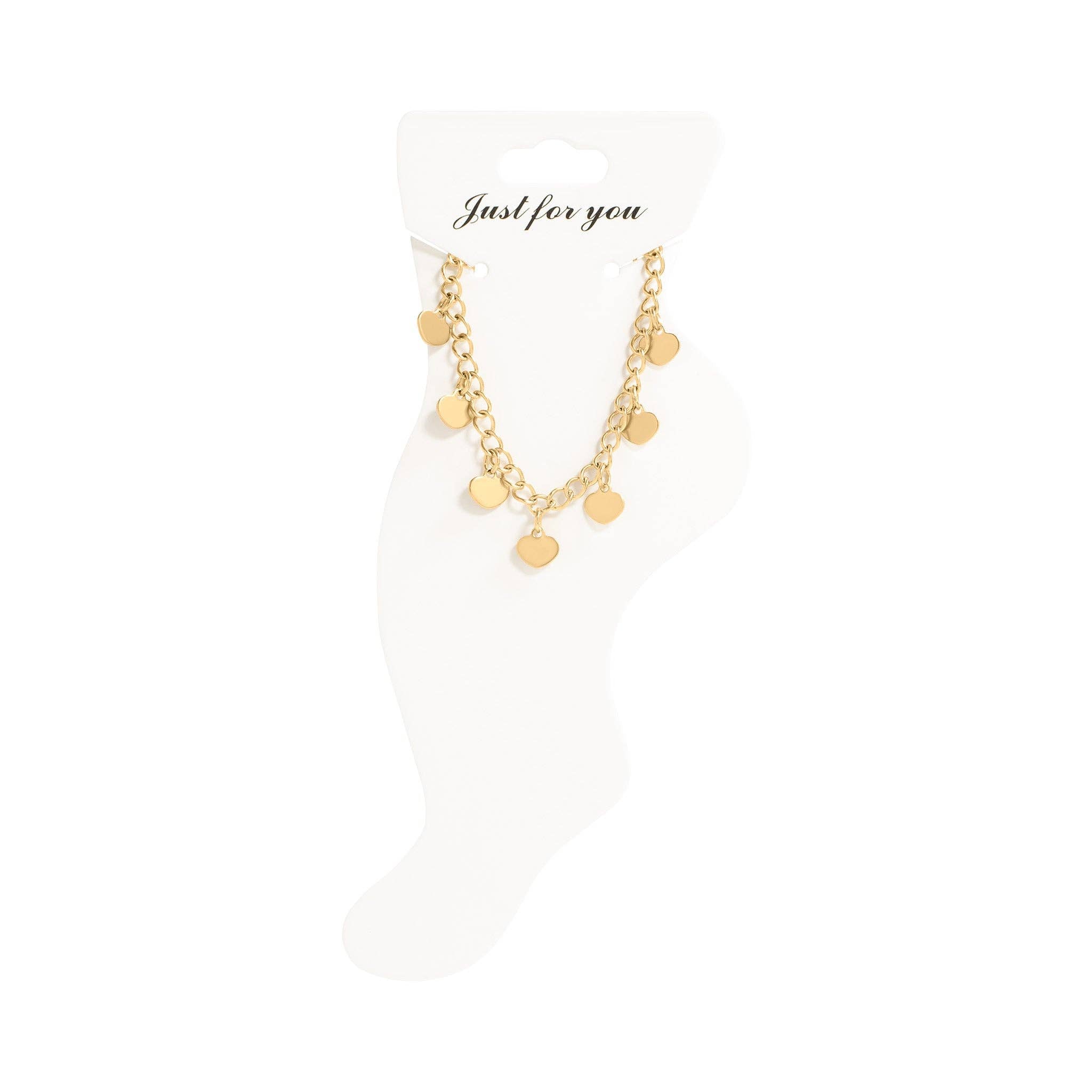 18K Gold PVD Stainless Steel Dangle Hearts Charm Anklet
