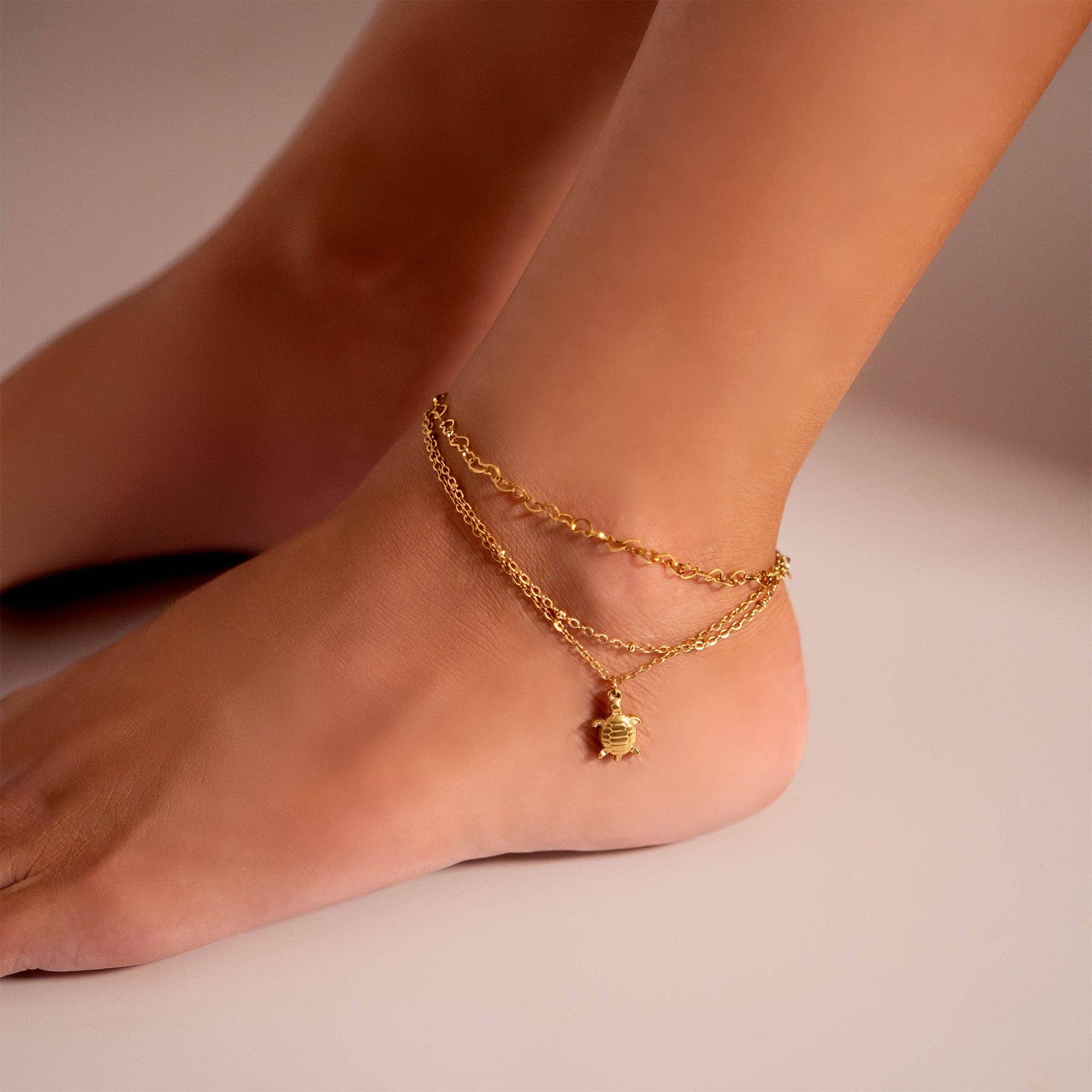 18K Gold PVD Stainless Steel Linked Hearts Anklet