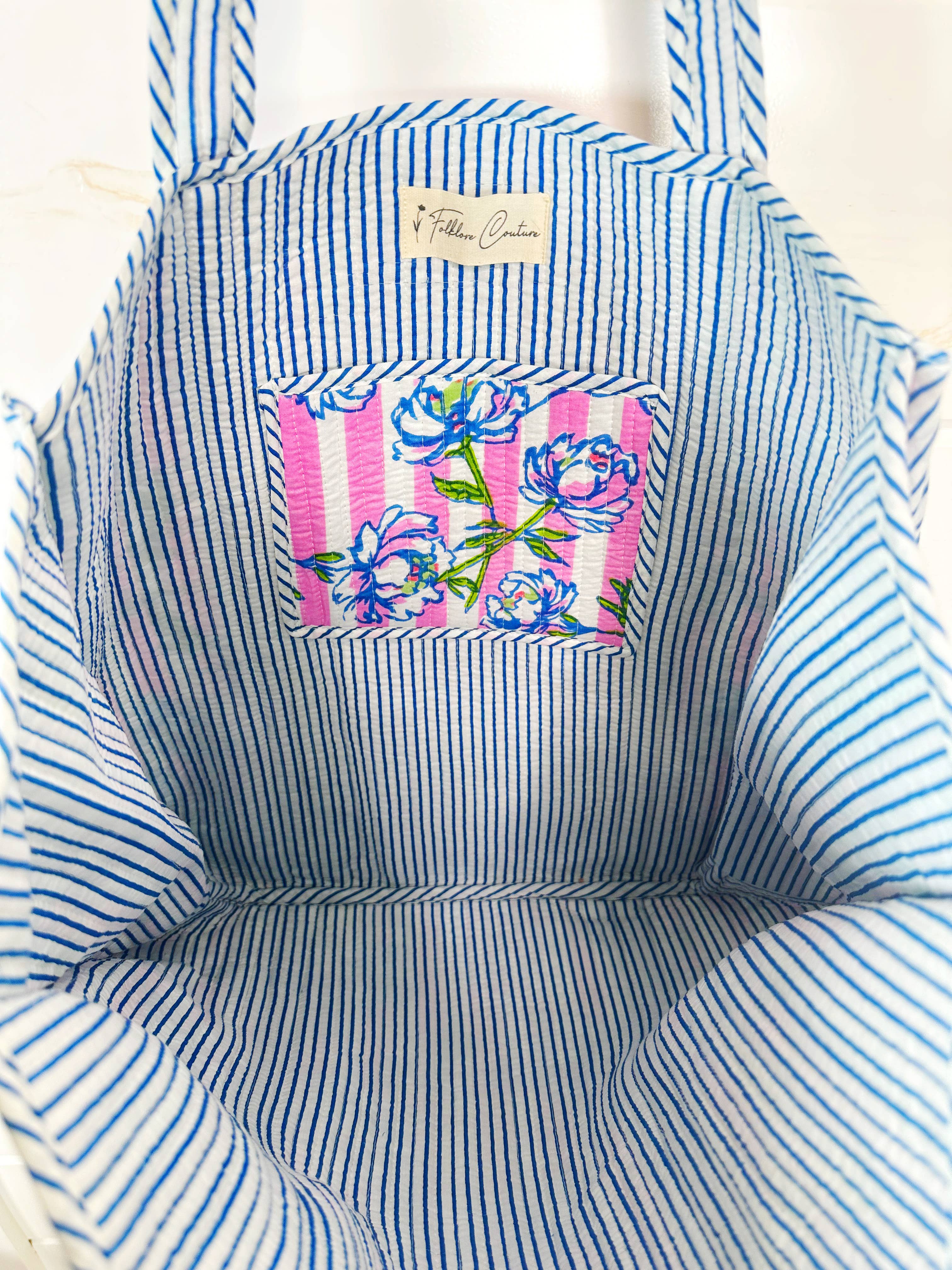 Large Tote Bags | Quilted Travel Tote | Peony Pink Stripe
