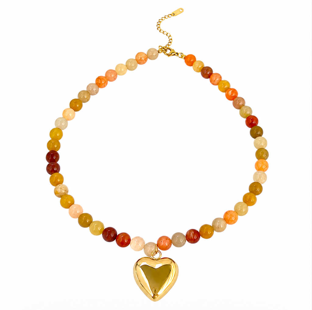 Golden Heart Stone Beaded Statement Necklace | Stainless Steel