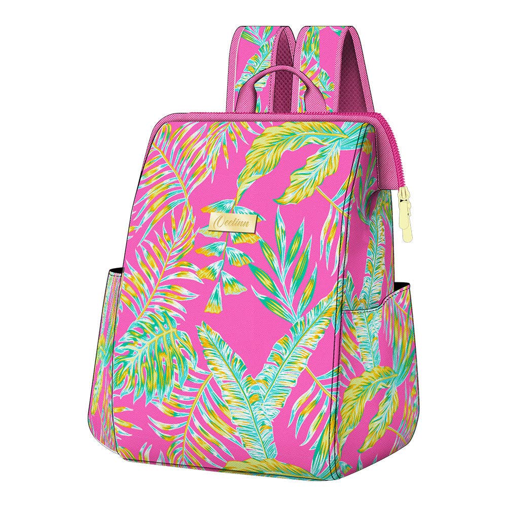 Pretty Backpack Cooler with green fern design in rose pink
