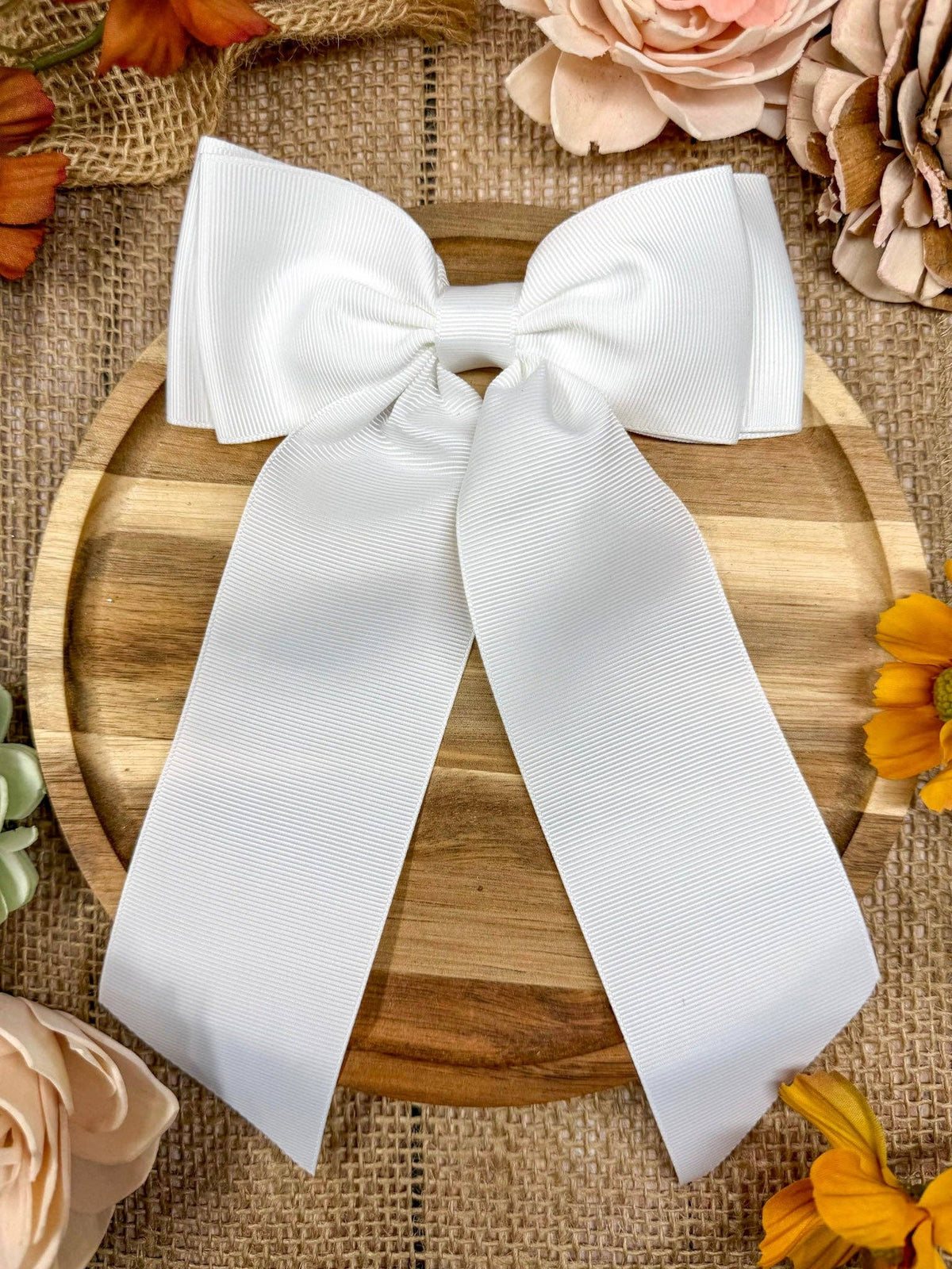 White Double Looped Long Tail Boutique Hair Bow | Girls Grosgrain Hair Bow