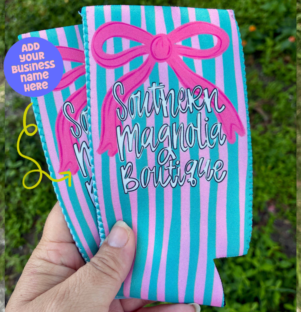 Pink and turquoise bow koozie with custom name for promotion