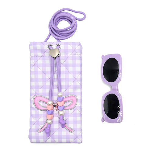 Bow Gingham Printed Drawstring Case and Sunglasses