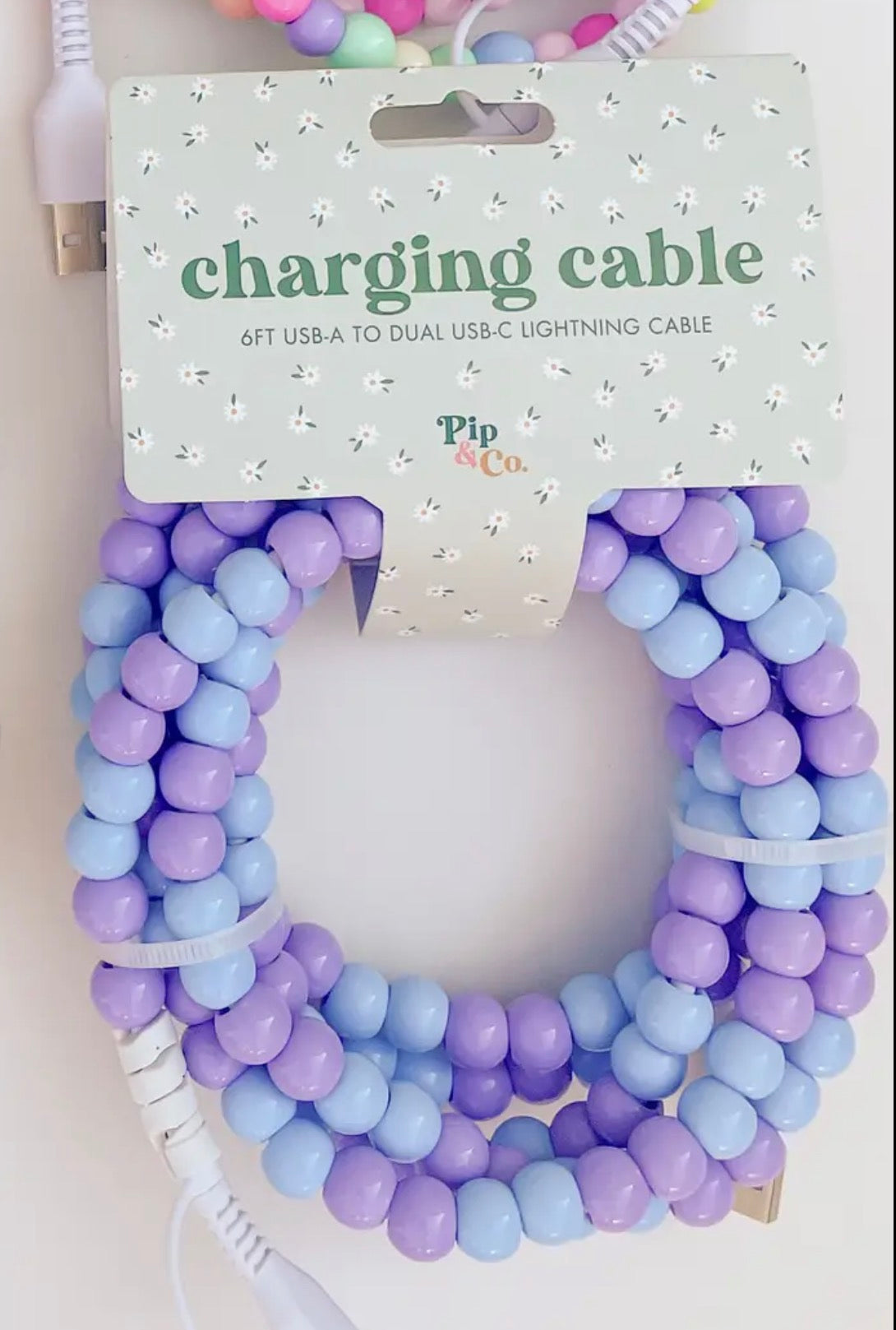6ft Beaded Phone Charger USB-A & Dual USB-C Lightning Cable